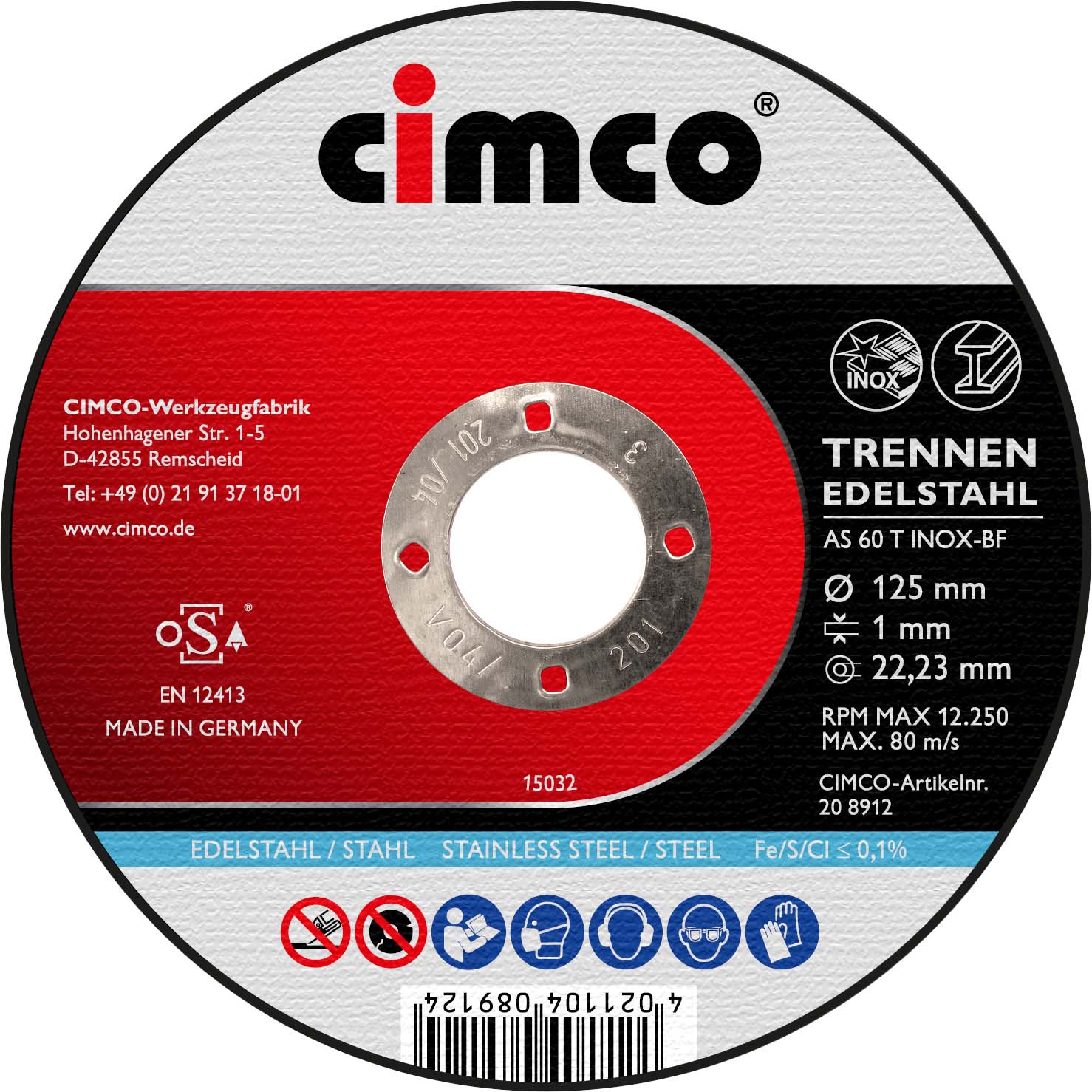 Cimco Werkzeuge 208912 Korund-Trennscheibe Inox D=125mm