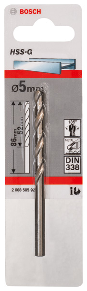 Bosch Power Tools 2608585922 Metallbohrer HSS-G, DIN 338 5 x 52 x 86 mm