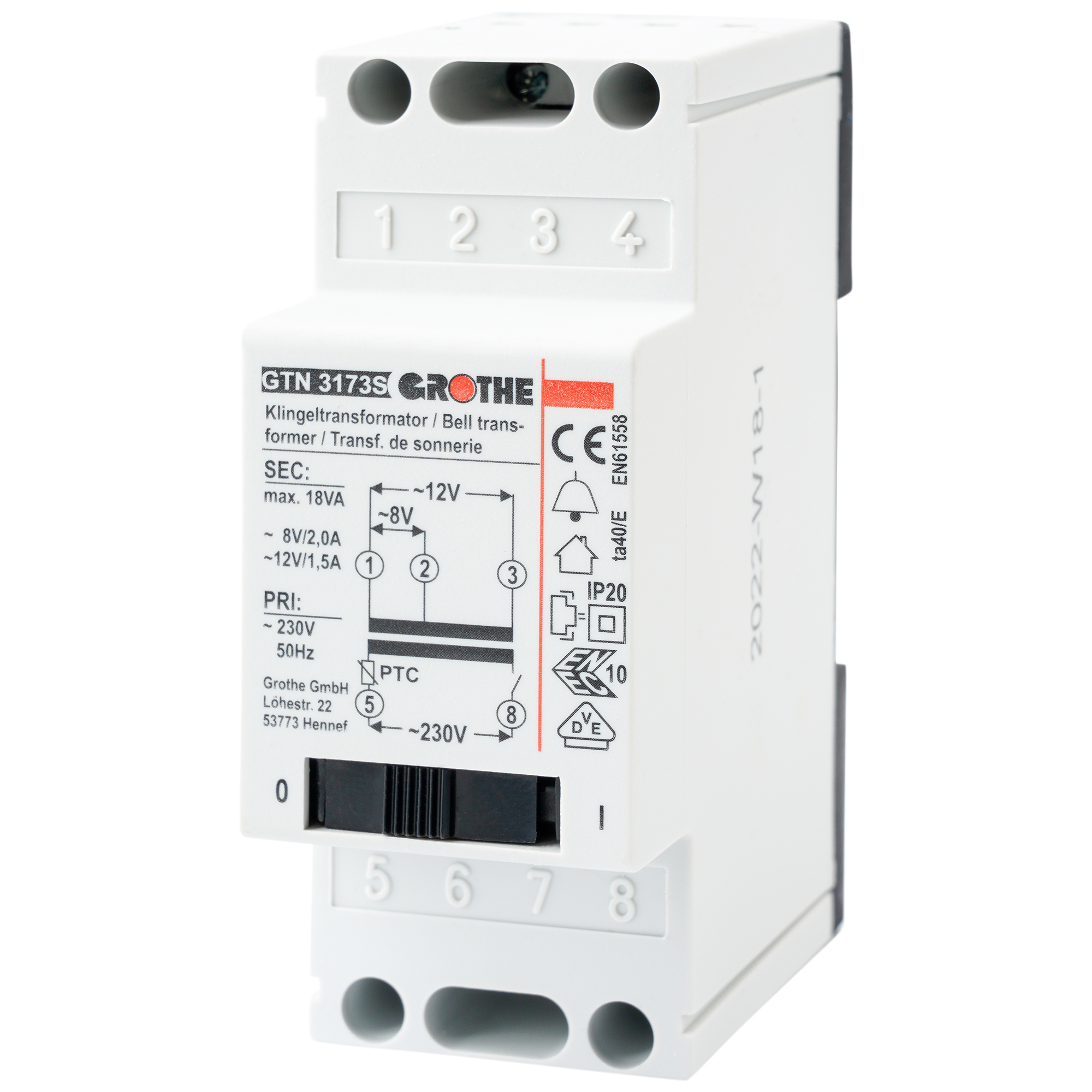 Grothe GTN 3173 S Klingeltransformator 4/8/12VAC, 2/2/1,5A