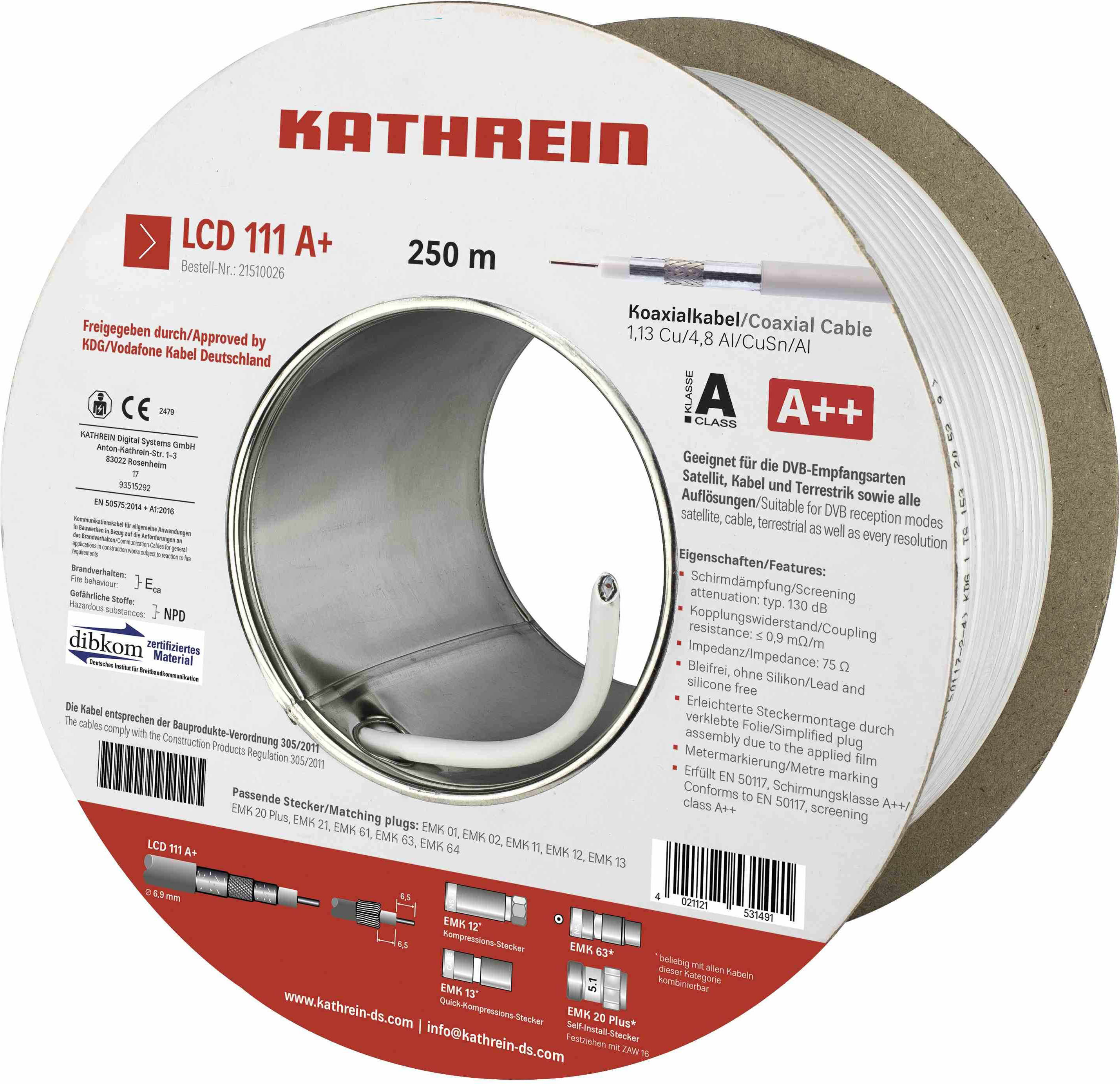 Kathrein LCD 111 A+/250m Eca Koaxialkabel 130 dB, A+