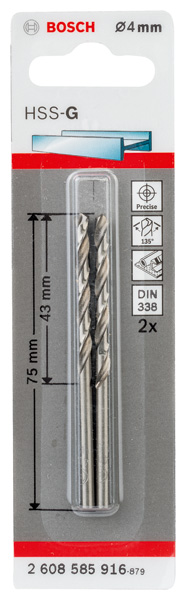Bosch Power Tools 2608585916 Metallbohrer HSS-G, DIN 338 4 x 43 x 75 mm