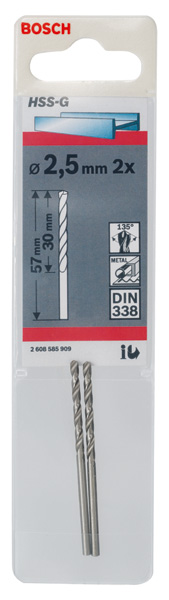 Bosch Power Tools 2608585909 Metallbohrer HSS-G, DIN 338 2,5 x 30 x 57 mm