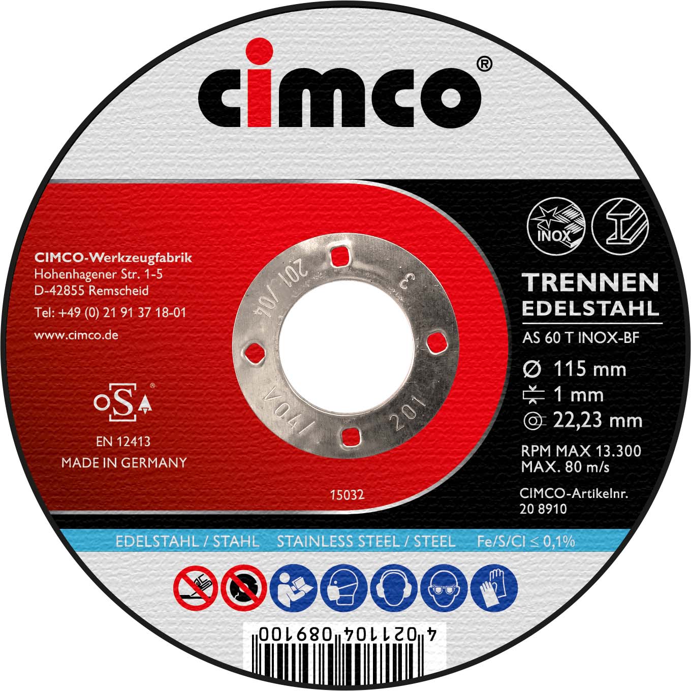 Cimco Werkzeuge 208910 Korund-Trennscheibe Inox D=115mm