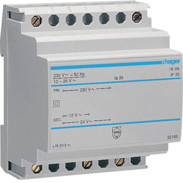 Hager ST313 Sicherheitstrafo 12V/1,33Ao.24V/0,67A