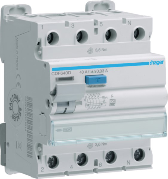 Hager CDF640D Fehlerstromschutzschalter 4p 10kA 40A 30mA F