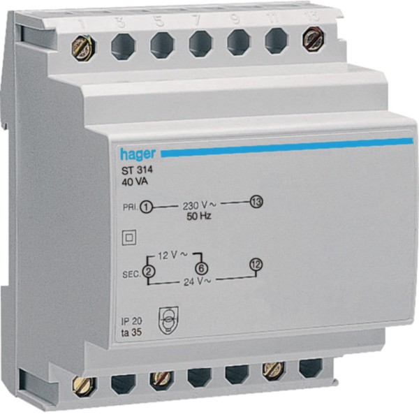 Hager ST314 Sicherheitstrafo 12V/3,33Ao.24V/1,67A