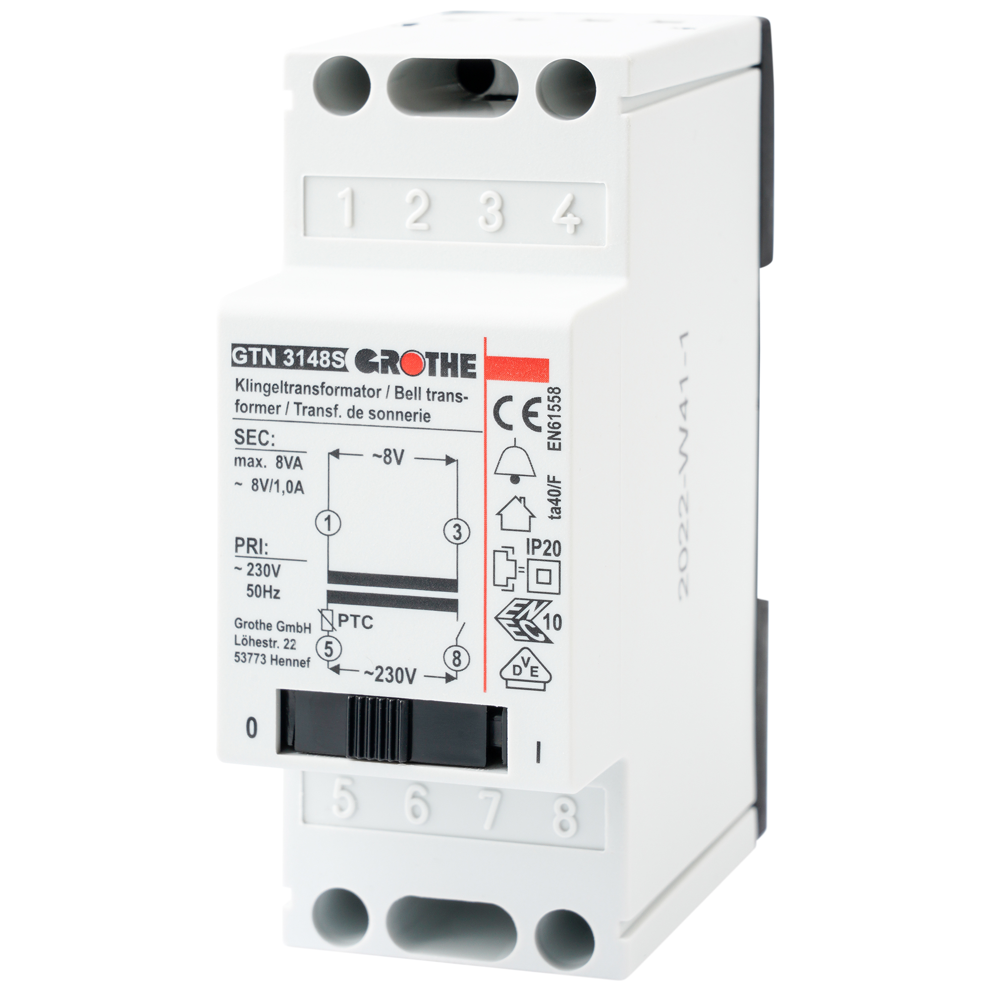 Grothe GTN 3148 S Klingeltransformator 8VAC 1A m.Netzschalt