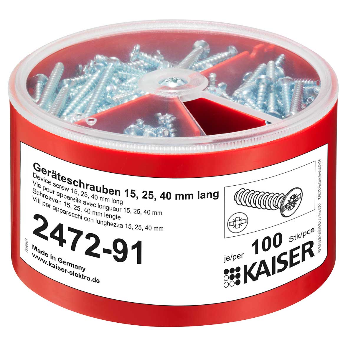 Kaiser 2472-91 Geräteschrauben-Box je 100 3,2x15/25/40